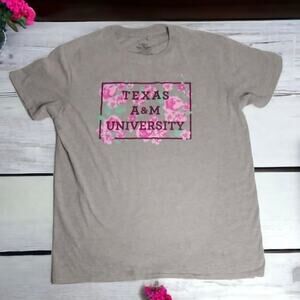 Texas A&M University Women's T-Shirt Large Gray Pink Floral Short Sleeve Tee